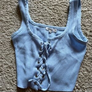 Light Blue Lace-Up Ribbed Tank Top